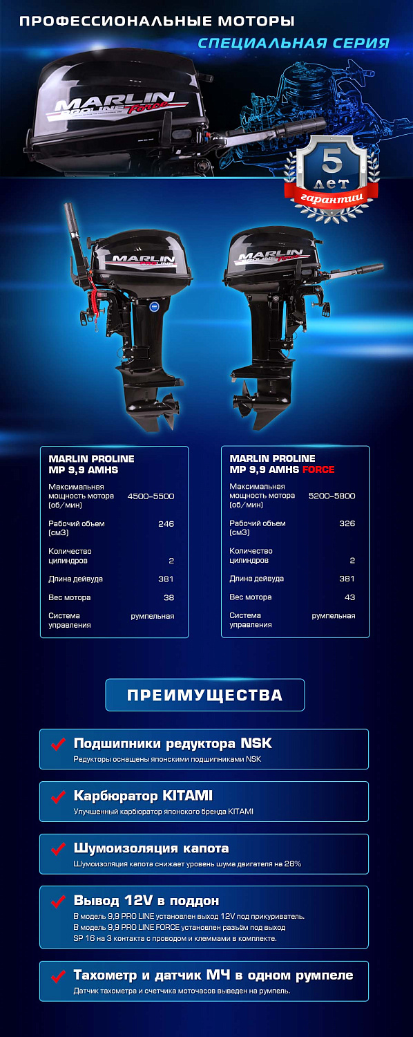 Лодочный мотор MARLIN PROLINE MP 9.9 (20) AMHS FORCE в Долгопрудном